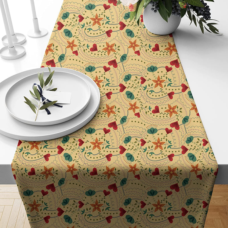 Heart & Flowers Printed Cotton Canvas 6 Seater Table Runner (13 x 72 Inches)