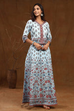 Juniper Blue Cambric Printed Flared
 Lehenga Choli Dupatta Set