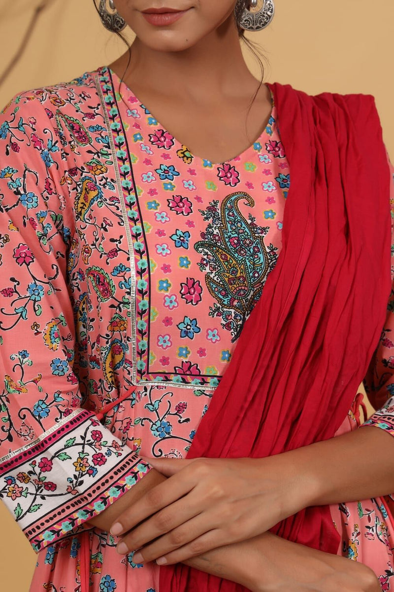 Juniper Coral Cambric Floral Print Anarkali Dress & Dupatta Set with Rubber-Band