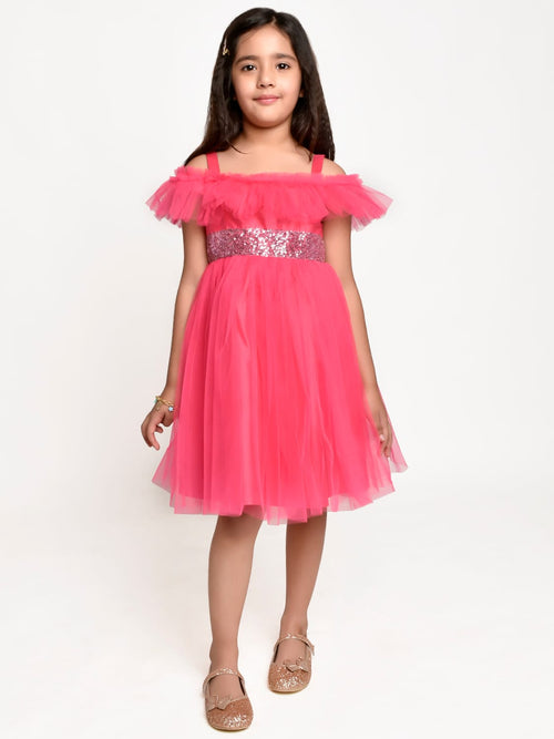 Jelly Jones Neon Pink sequance embelished Net Partywear Dress