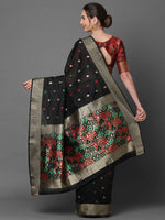 Sareemall Black Festive Cotton Blend Woven Design Saree With Unstitched Blouse