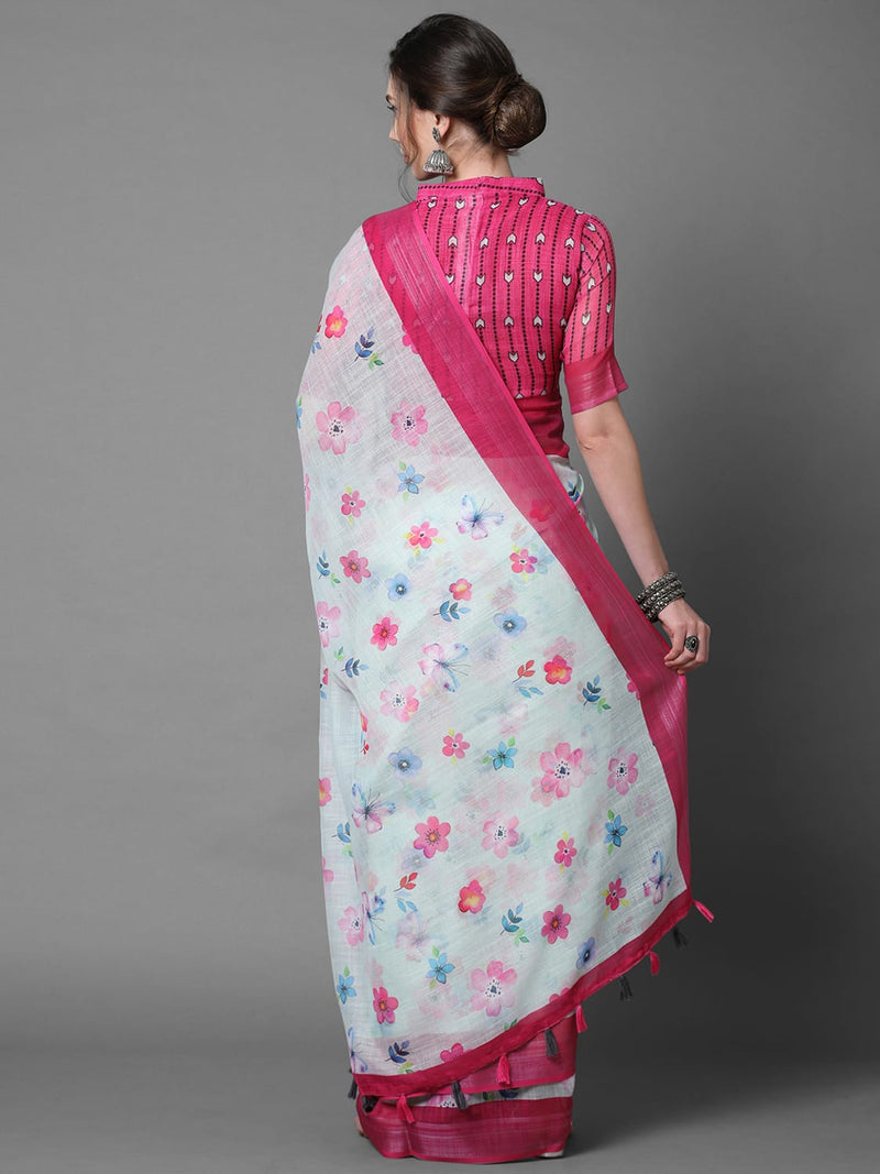 Sareemall White & Pink Casual Linen Printed Saree With Unstitched Blouse