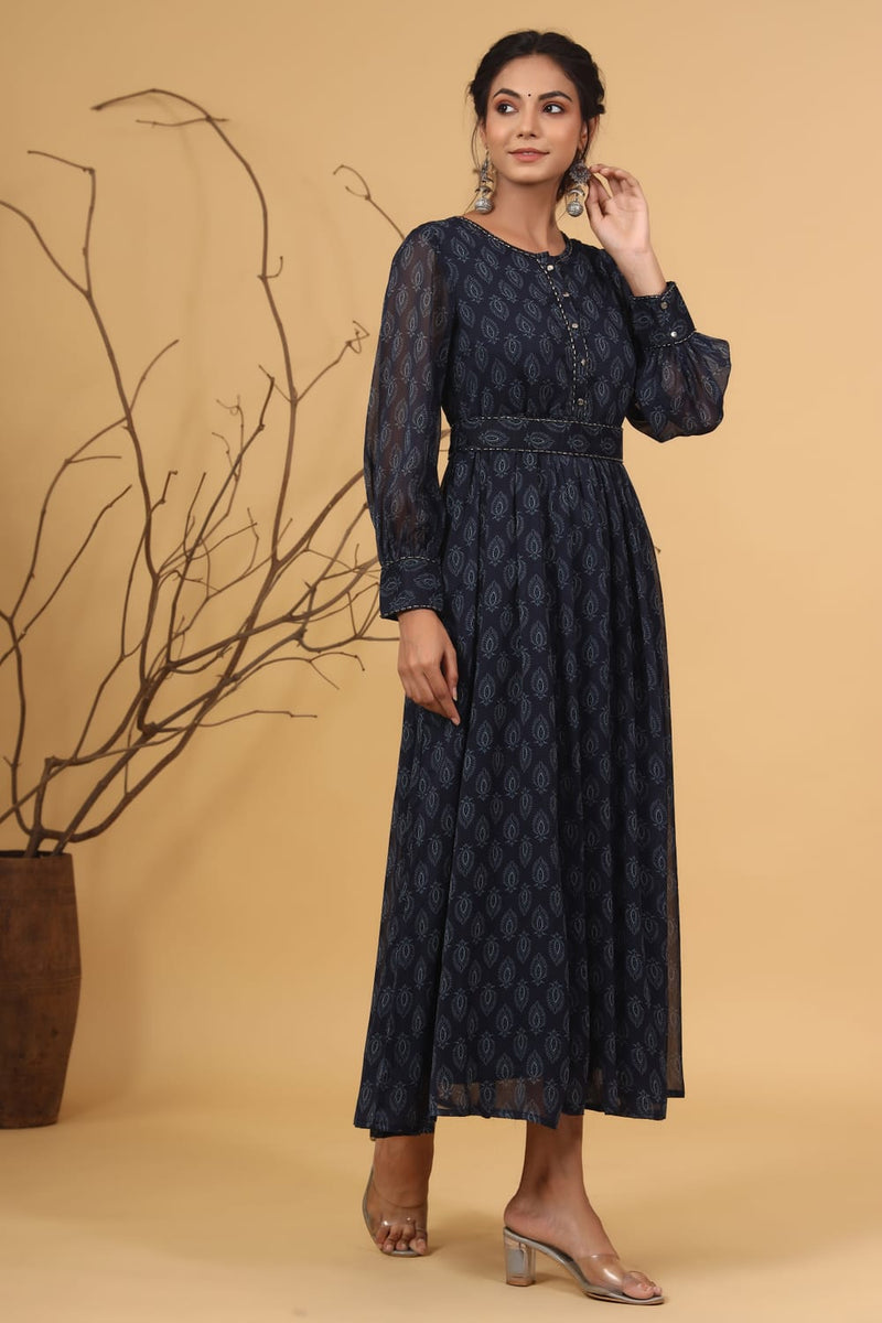 Juniper Navy Chiffon Flared Printed Dress With Tie-up Blet
