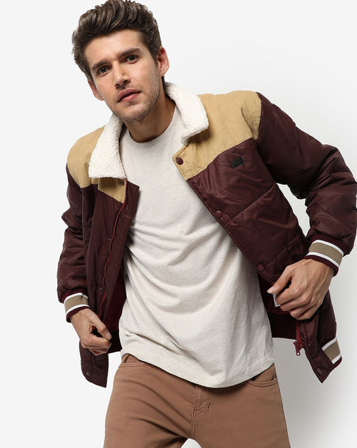 Campus Sutra Men's Tan Brown Colour-Blocked Puffer Regular Fit Bomber Jacket For Winter Wear | Sherpa Collar | Full Sleeve | Zipper | Casual Jacket For Man | Western Stylish Jacket For Men