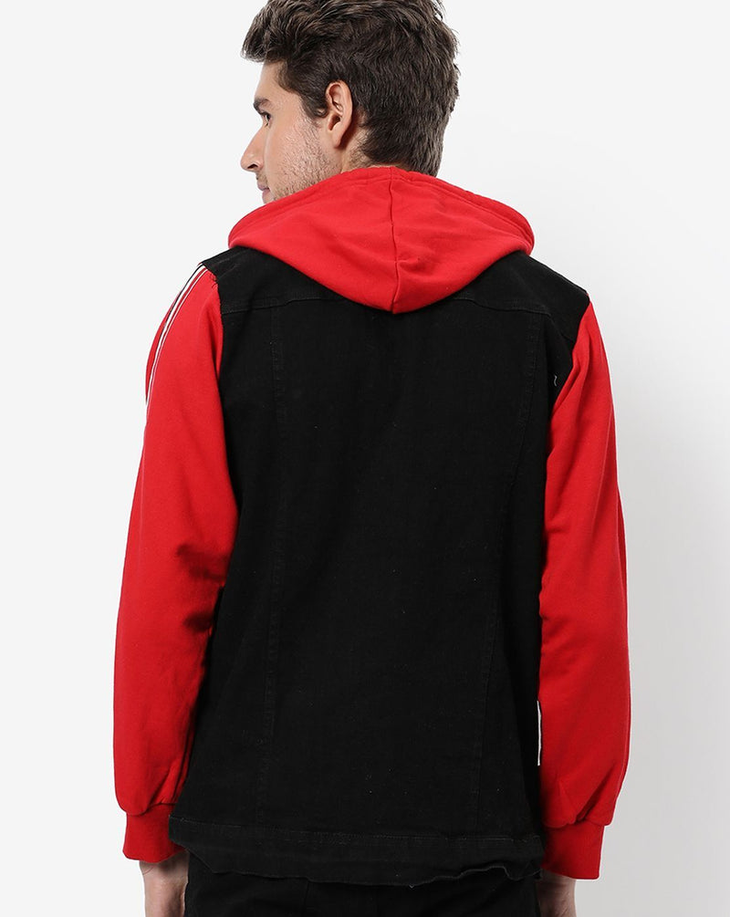 Campus Sutra Men's Dark-Washed Black & Red Regular Fit Denim Jacket For Winter Wear | Hooded Collar | Full Sleeve | Buttoned | Casual Denim Jacket For Man | Western Stylish Denim Jacket For Men