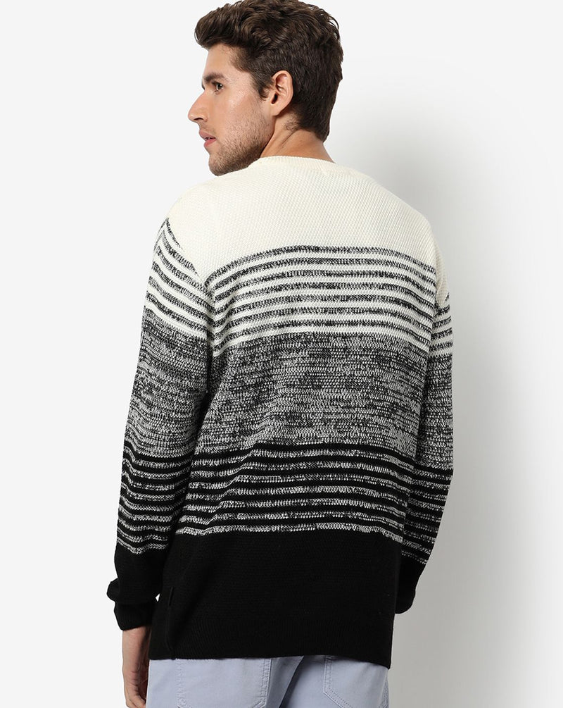 Campus Sutra Men's Black & White Multicolour Striped Regular Fit Sweater For Winter Wear | Round Neck | Full Sleeve | Woolen Sweater | Casual Sweater For Man | Western Stylish Sweater For Men