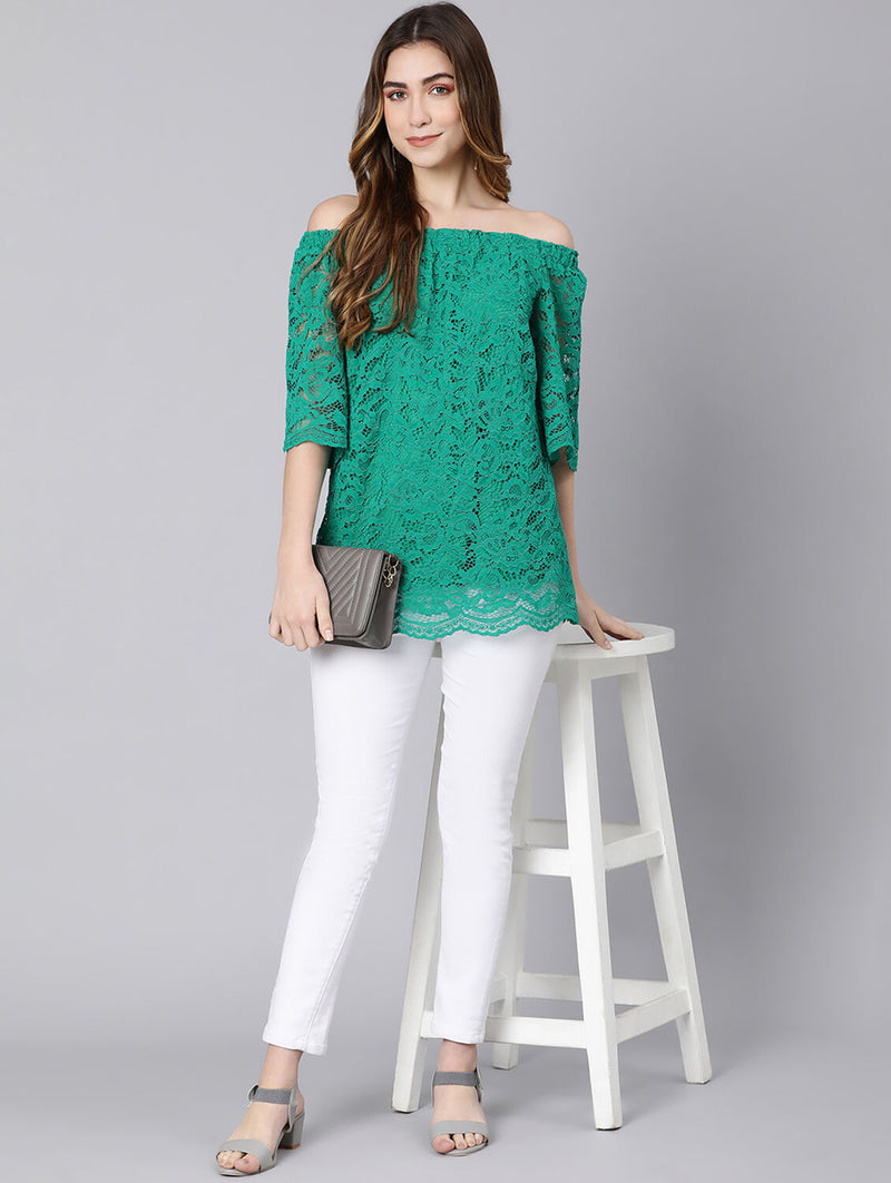 Rrae Green With Lace Design Women Linned Top