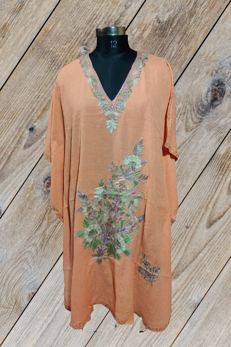 100% Cotton Dusty-Orange Short Kashmiri Kaftan with Floral Aari Embroidery
