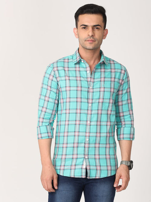Men Blue Turquoise & White Slim Fit Checked Cotton Casual Shirt