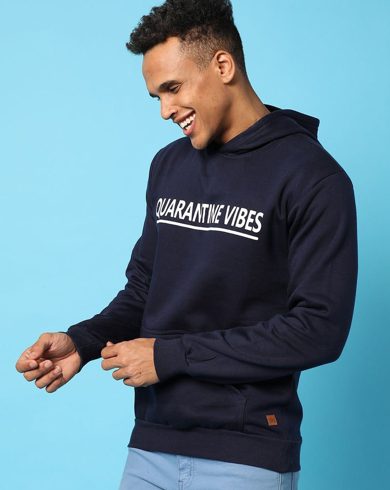 Campus Sutra Mens Indigo Blue Solid Printed Sweatshirt With Hoodie Regular| Cotton Blend Fabric | Trendy Sweatshirt Crafted With Comfort Fit & High Performance For Everyday Wear