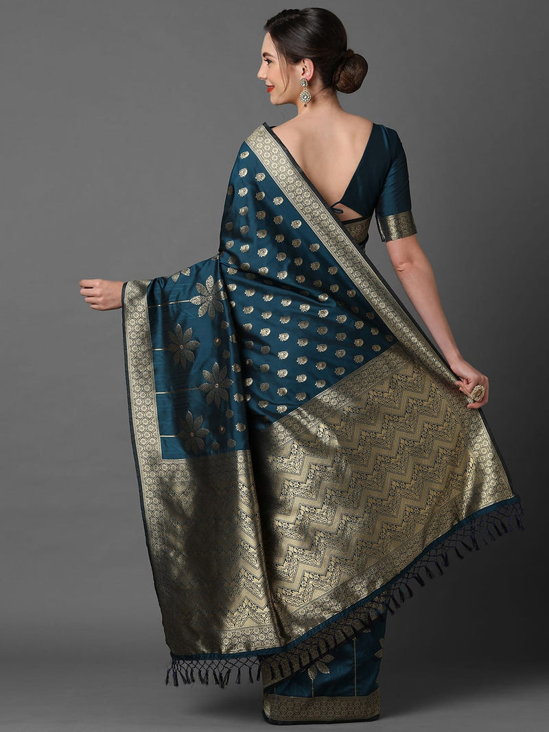 Sareemall Teal Blue Festive Silk Blend Woven Latest Design Saree With Unstitched Blouse