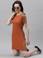 Rigo Women Rust Orange Round Neck Side Tape Dress