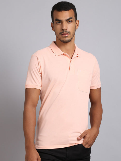 Venitian Men Solid Cotton Peach Polo T-Shirt With Pocket