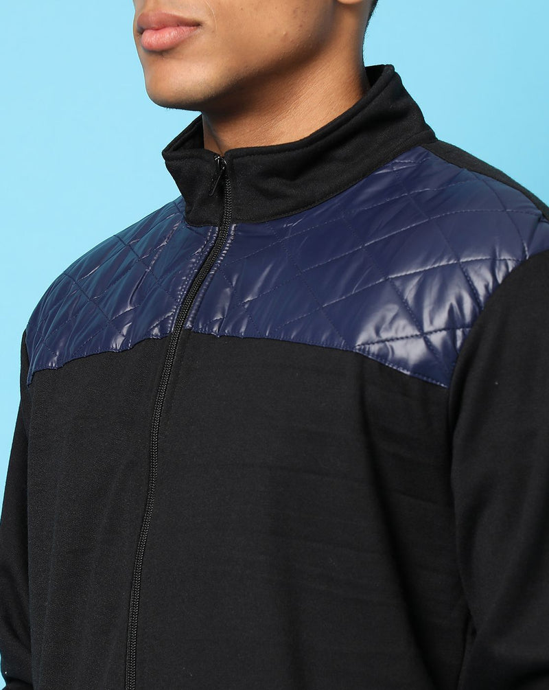 Campus Sutra Mens Blue Solid Cotton Jacket Regular Fit For Casual Wear | Standing Collar | Zipper | Vegan Leather | Stylish Jacket Crafted With Comfort Fit & High Performance For Everyday Wear