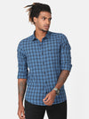 Men Blue & Navy Slim Fit Checked Cotton Casual Shirt