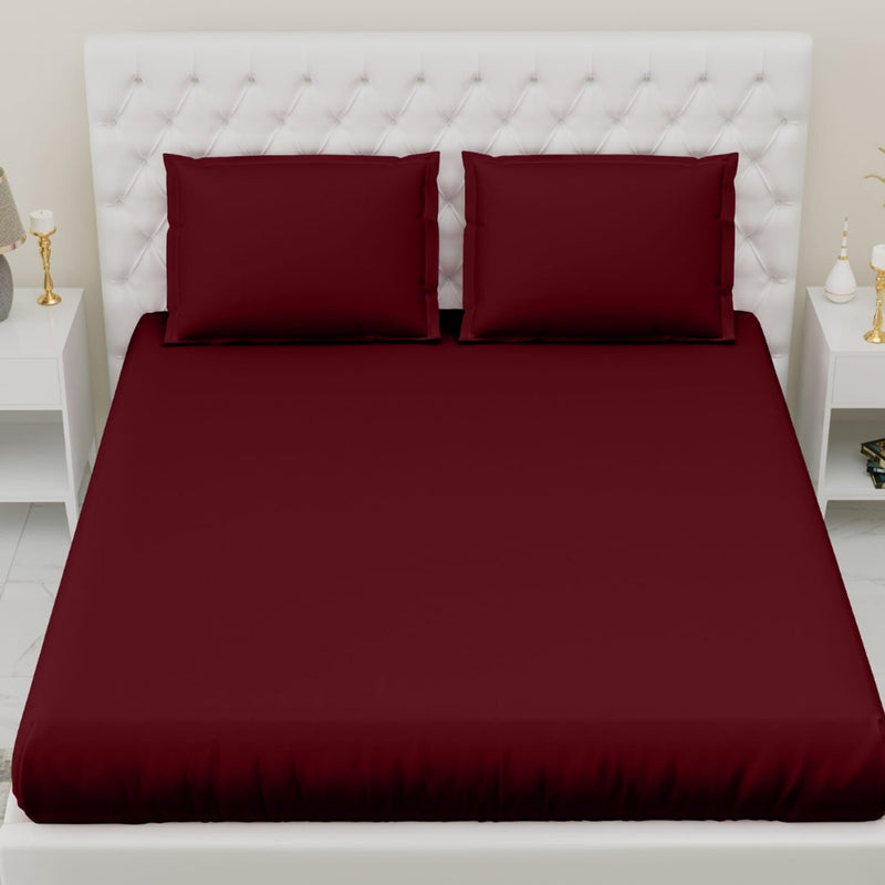 100% Cotton Premium 300 TC Flat Bedsheets with 2 Pillow Covers, Melange Collection (Single, Deep Red)