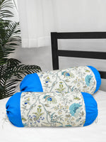 Clasiko Cotton Bolster Covers Set Of 2 300 TC Printed With Blue Border 30x15 Inches