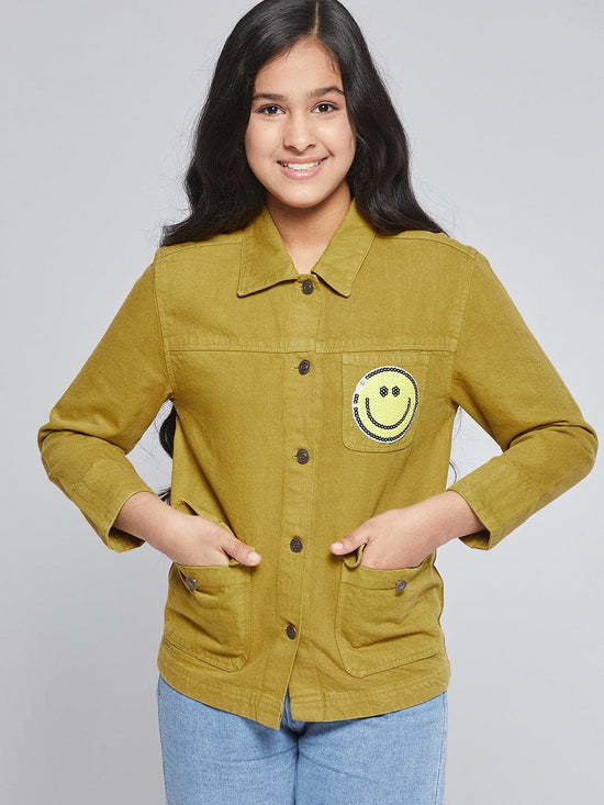 Girls Mustard SMILEY Patch Denim Jacket