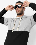Campus Sutra Men's Grey & Black Colour-Blocked Regular Fit Sweatshirt With Hoodie| Casual Sweatshirt For Man | Western Stylish Sweatshirt For Men