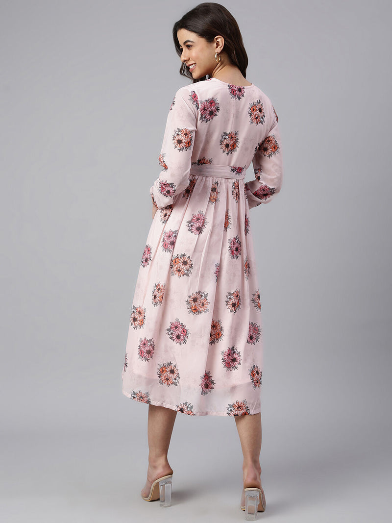 Janasya Women's Peach Georgette Floral Print Flared Western Dress