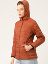 Women Rust Orange Solid Detachable Hood Parka Jacket