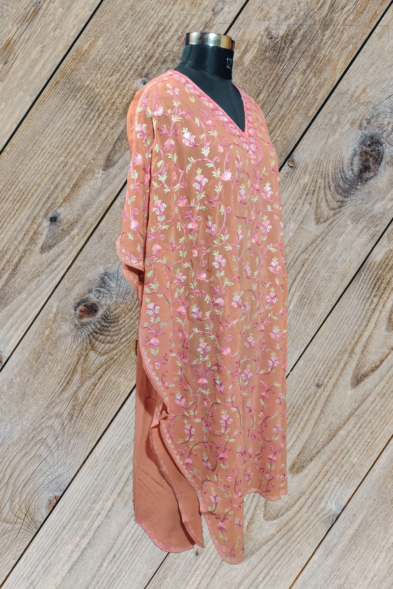 100% Cotton Rust Long Kashmiri Kaftan with All Over Floral Aari Embroidery