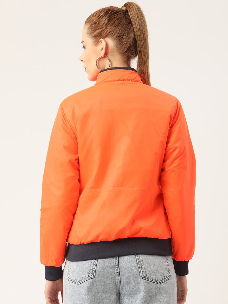 Women Navy & Neon Orange Solid Reversible Padded Jacket