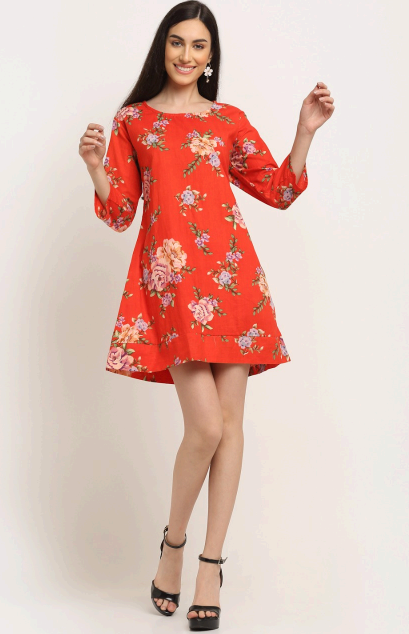 Aawari Rayon Best A-Line Red Printed Short Dress For Women and Girls