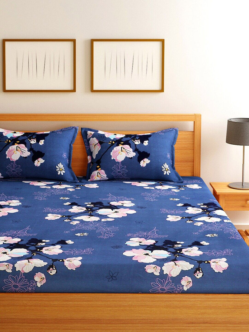 Home Sizzler Pole Star 144TC Microfibre Blue Double Bedsheet With 2 King Size Pillow Covers