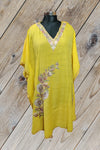 100% Cotton Short Yellow Kashmiri Kaftan with Floral Aari Embroidery