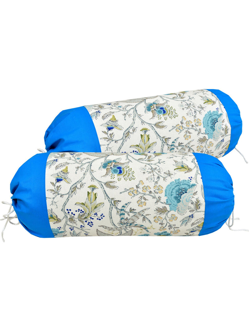 Clasiko Cotton Bolster Covers Set Of 2 300 TC Printed With Blue Border 30x15 Inches