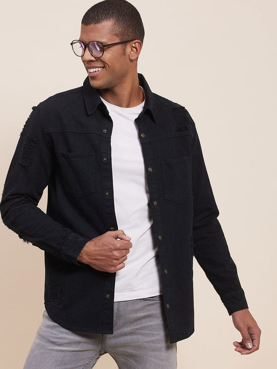 Men's Black Distressed Denim Jacket Shirt