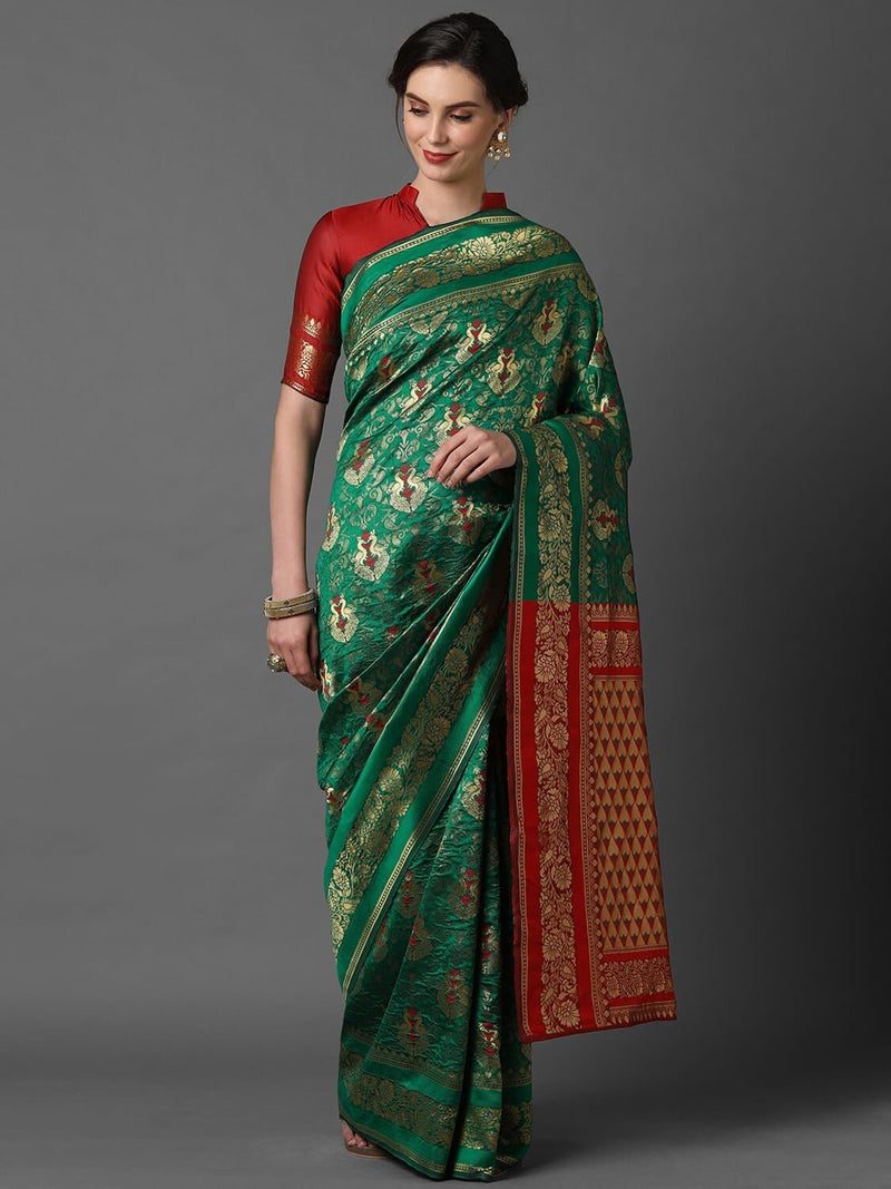 Sareemall Green & Red Wedding Silk Blend Woven Design Saree With Unstitched Blouse