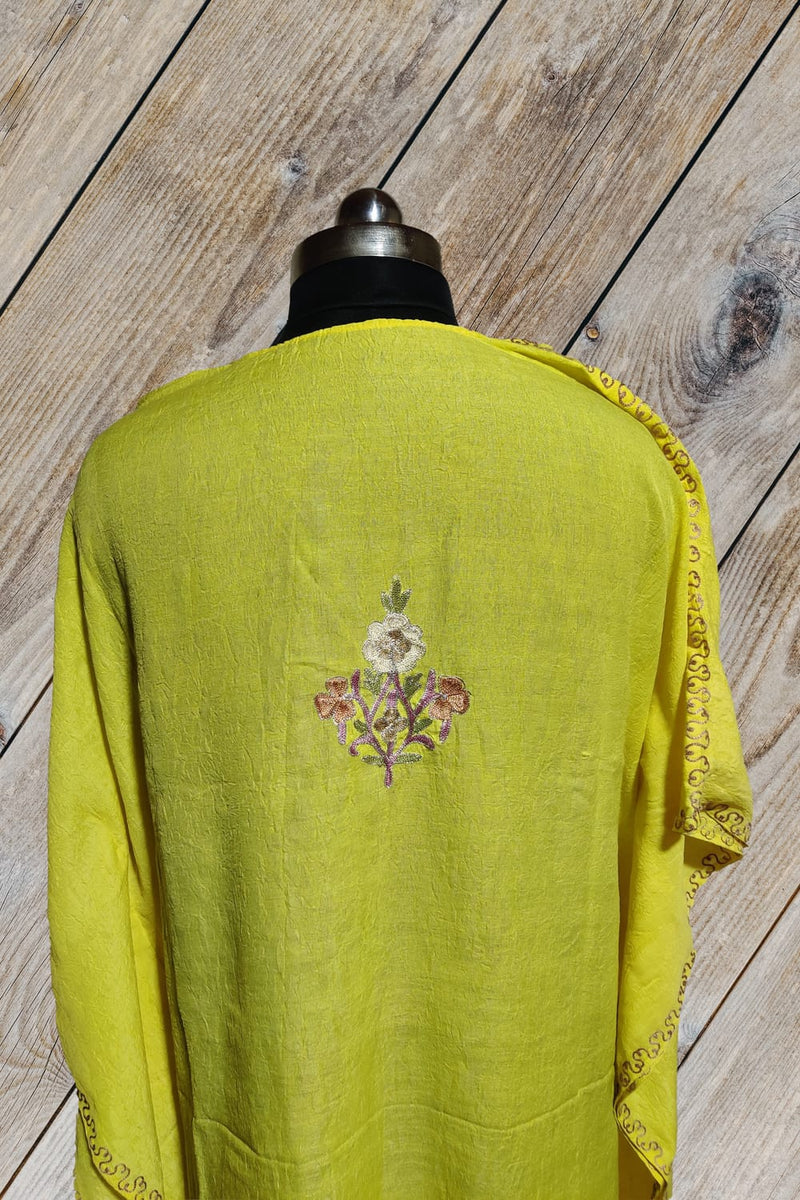 100% Cotton Yellow Short Kashmiri Kaftan with Floral Aari Embroidery