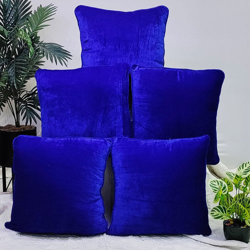 Soft Velvet Square Cushion Cover 16x16 Inches, Set of 5 (Royal Blue)