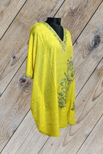 100% Cotton Short Kashmiri Kaftan with Floral Aari Embroidery Yellow Color
