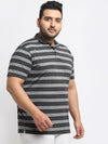 Venitian Men Striped Plus Size Polo Neck Black T-shirt With Pocket