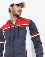 Campus Sutra Men's Red & Blue Colour-Blocked Puffer Regular Fit Bomber Jacket For Winter Wear | Hooded Collar | Full Sleeve | Zipper | Casual Jacket For Man | Western Stylish Jacket For Men