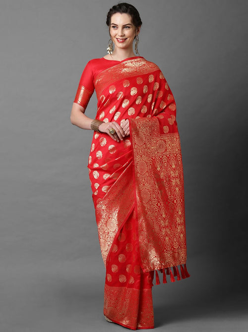 Graceful Sareemall Red Silk Blend Woven Design Saree With Unstitched Blouse