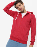 Campus Sutra Men's Red Solid Regular Fit Zipper Sweatshirt With Hoodie For Winter Wear | Full Sleeve | Cotton Sweatshirt | Casual Sweatshirt For Men | Western Stylish Sweatshirt For Man