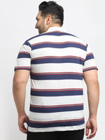 Venitian Men Striped Plus Size Polo Neck White T-shirt With Pocket