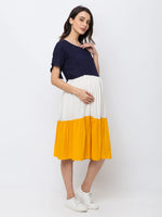 MomToBe Women's Rayon Blue & White Maternity/Feeding/Nursing Dress