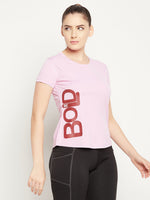 Clovia Quick Dry Text Print Sports T-shirt in Blush Pink