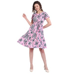 Myy Women'S Floral Digital Printed Knee Length Dress With Waist Tie Ups Pink