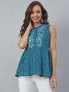 Janasya Women's Teal Cotton Embroidered Flared Top