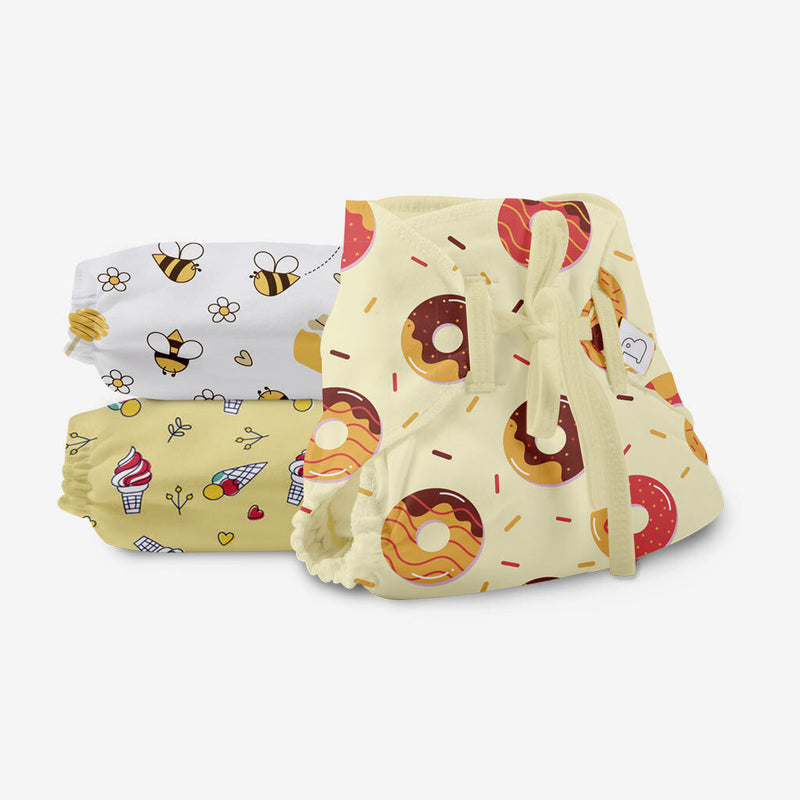 SuperBottoms Dry Feel Langot - Pack of 3- Organic Cotton Padded langot/Nappy with Gentle Elastics & a SuperDryFeel Layer on top (Sweet Tooth, Size 0 (Fits 0-5 kg))