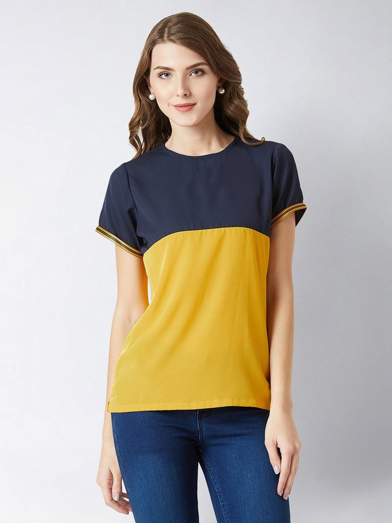 New Money Twill Sleeve Color Block Multicolor-Base Navy Blue Top