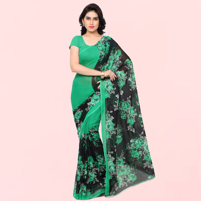 Green Rose Print Daily Wear Georgette Saree