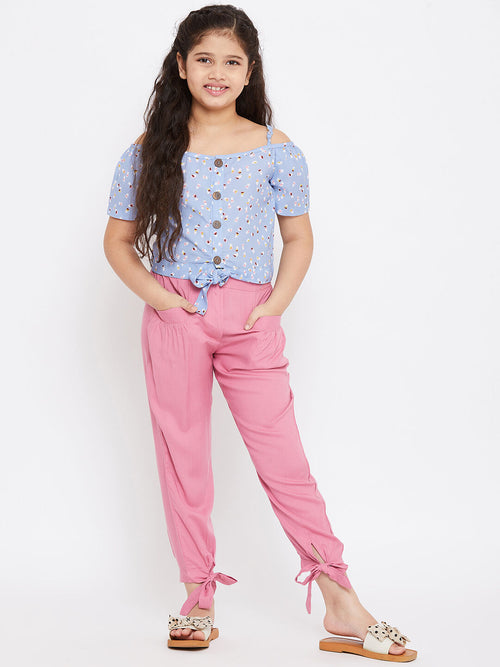 Girl's Fresh Clothe Pink Printed Top with trousers Pant