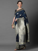 Sareemall Navy Blue Festive Silk Blend Woven Best Design Saree With Unstitched Blouse